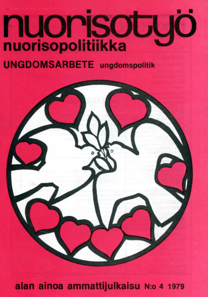 Nuorisopoliittkka-teemaisen Nuorisotyö-lehden 4/1979 punapohjainen piirretty kansi, jossa ympyrässä kaksi bvalkoista rauhankyyhkyä ja punaisia sydämiä.